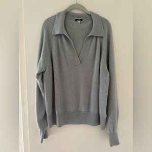J. Crew 100% Cashmere Grey Collared V-Neck Long Sleeve Pullover Polo Sweater XL